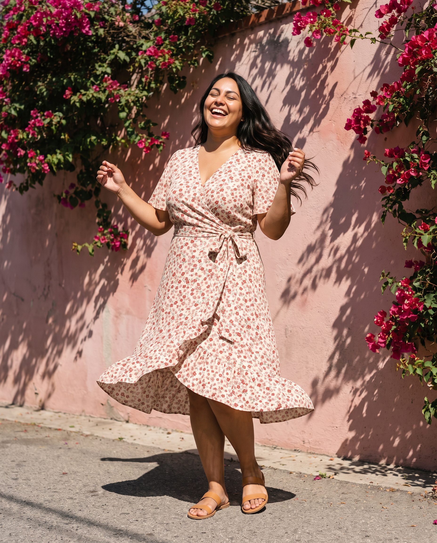 Luz twirling in the floral wrap dress by a pink wall