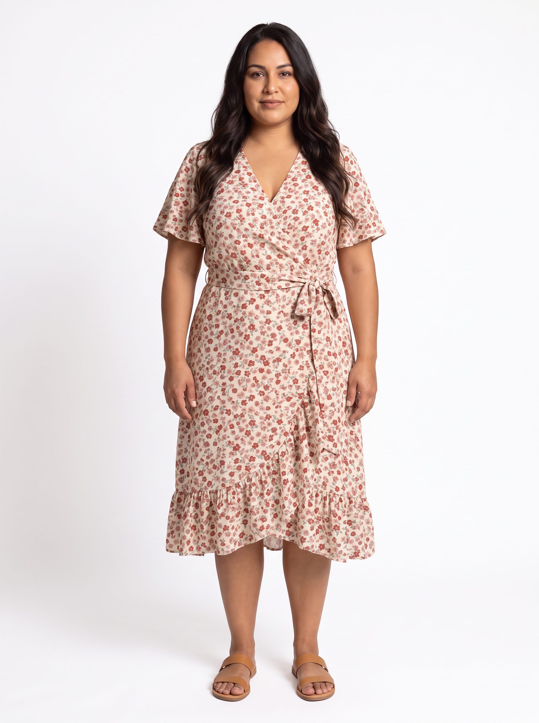 Luz wearing the floral wrap dress