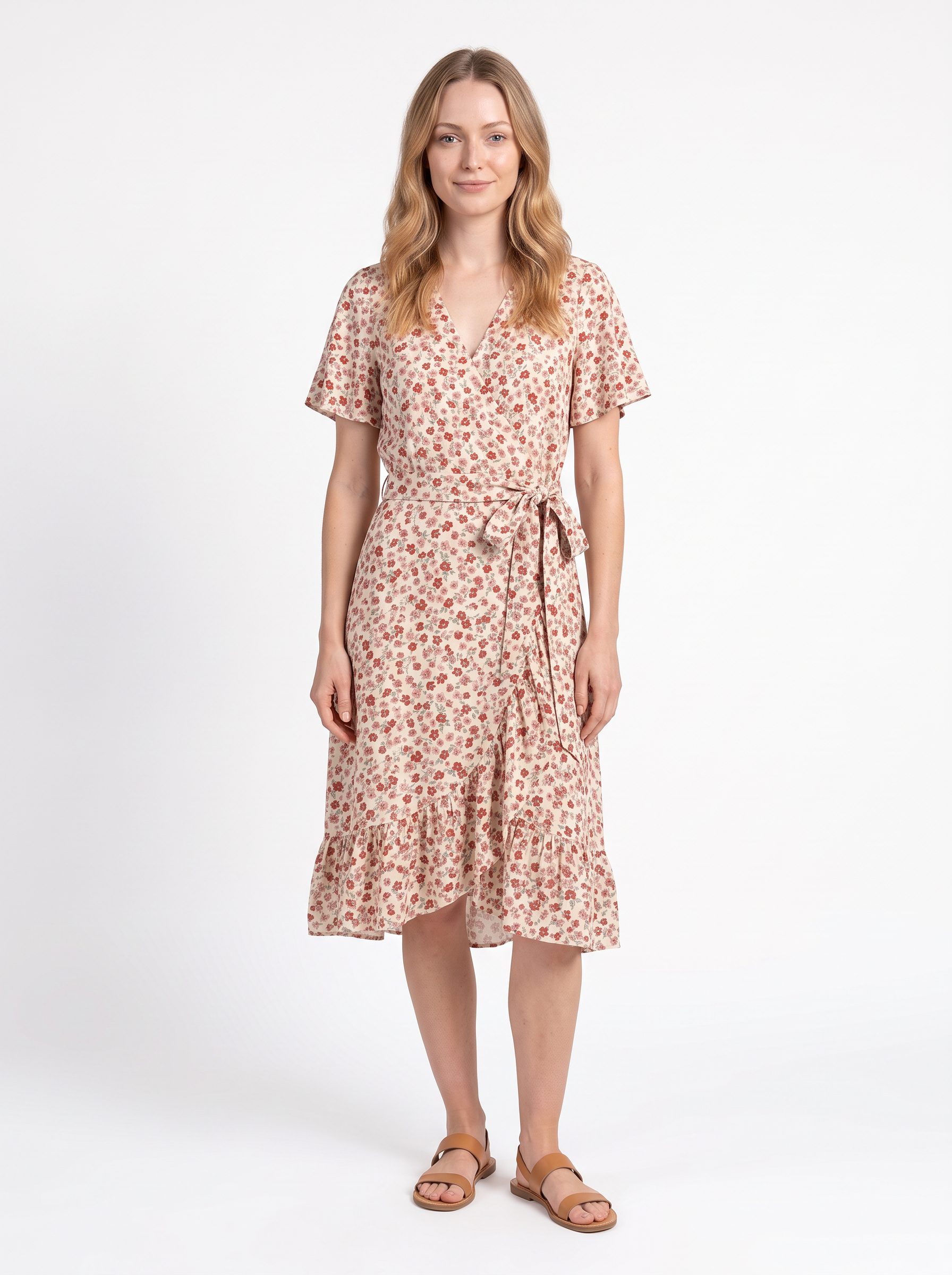 Nora wearing the floral wrap dress