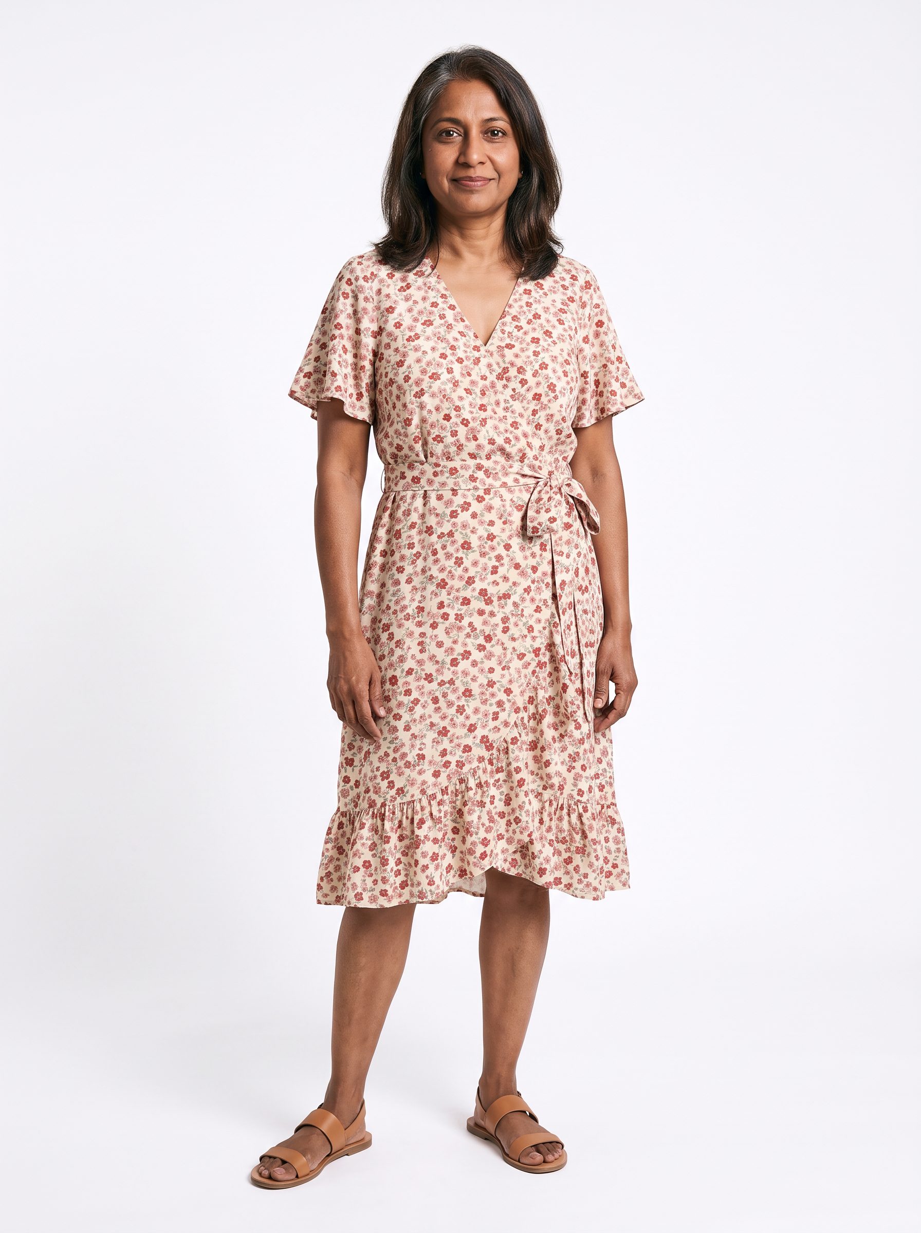 Priya wearing the floral wrap dress