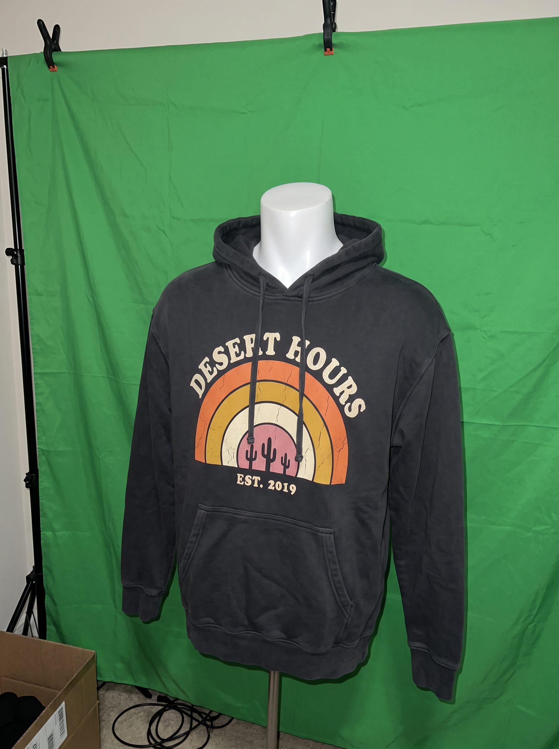 The graphic hoodie on a mannequin, shot on a phone