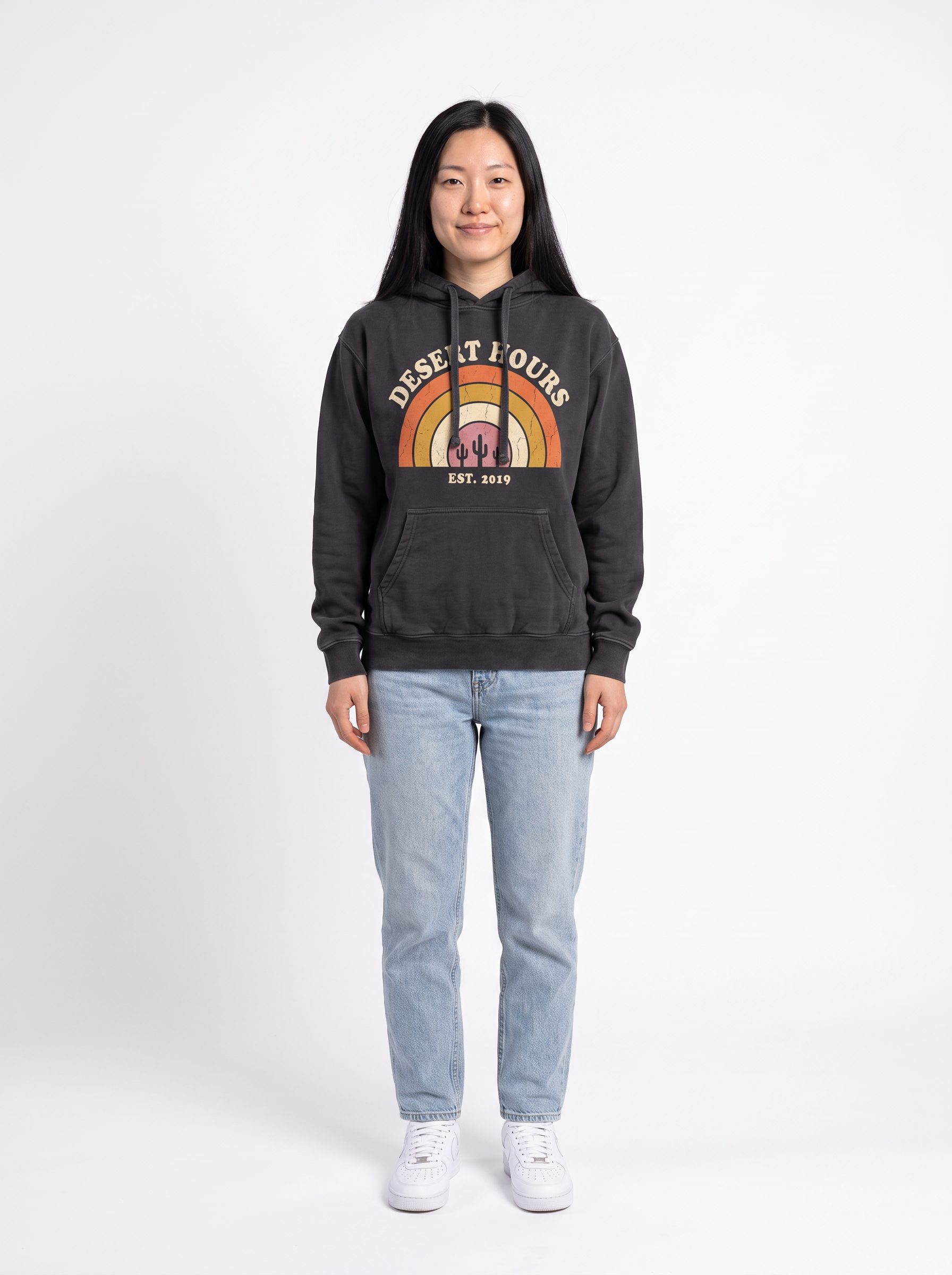 Mei wearing the graphic hoodie