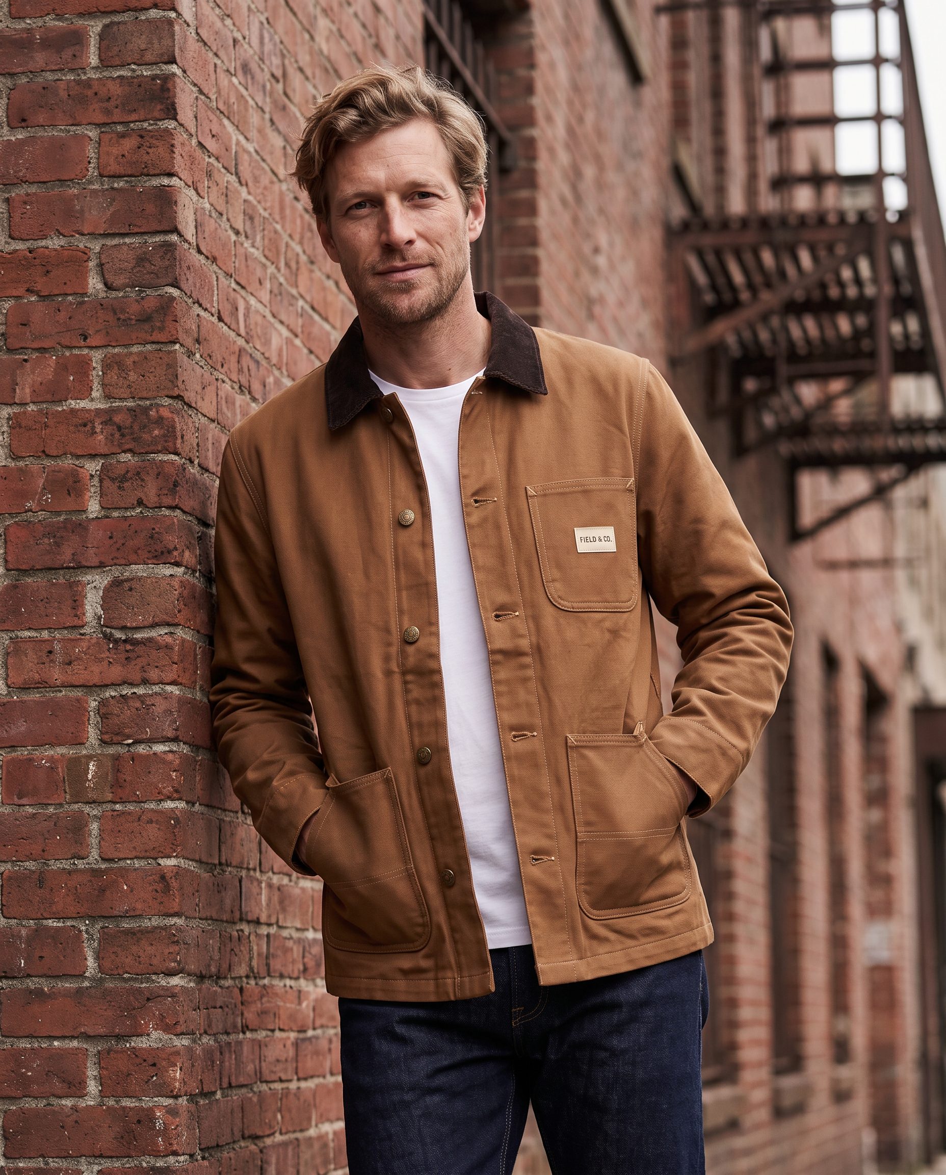 Theo in the chore jacket against a brick wall
