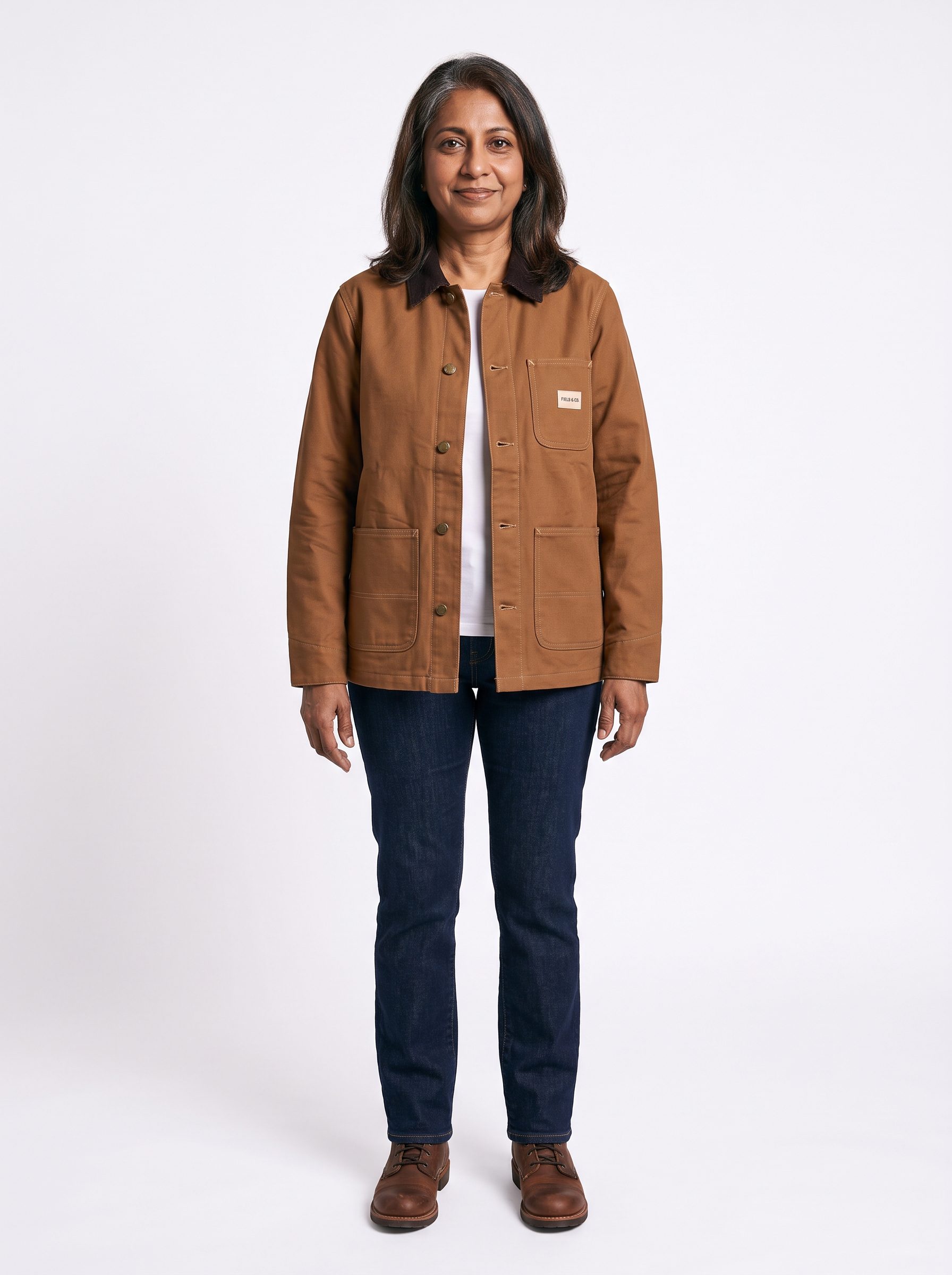 Priya wearing the chore jacket