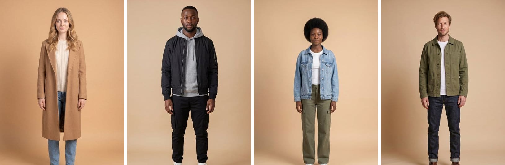 Four AI-generated catalog photos on a beige studio backdrop: a woman in a camel coat, a man in a black bomber over a gray hoodie, a woman in a denim jacket and olive cargo pants, a man in an olive work jacket and dark jeans.