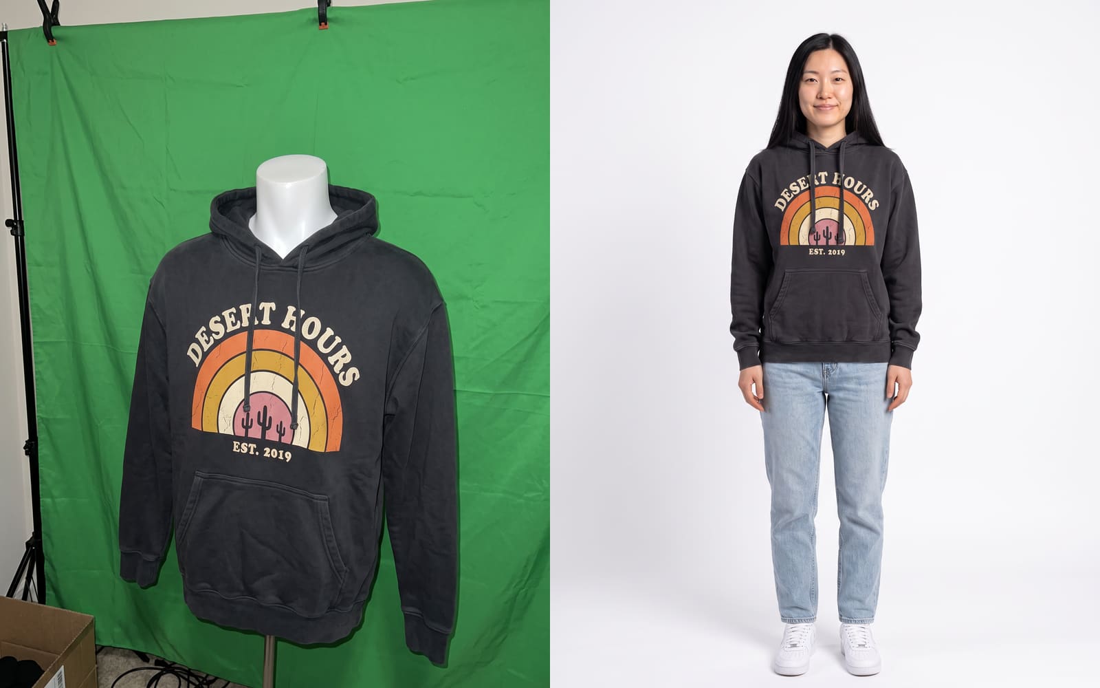 Left: a charcoal hoodie with a rainbow print on a mannequin in front of a green sheet, shot on a phone. Right: the same hoodie on a model in a white studio.